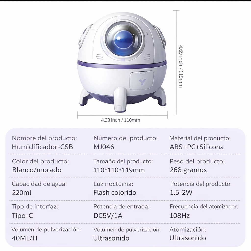 Humidificador Capsula Espacial con Luz Ambiental