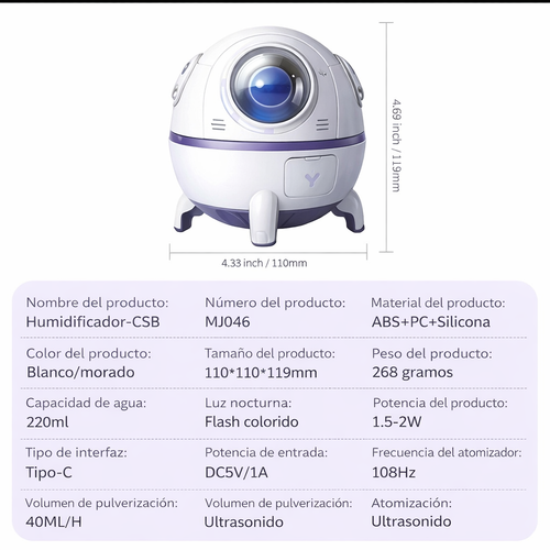 Humidificador Capsula Espacial con Luz Ambiental